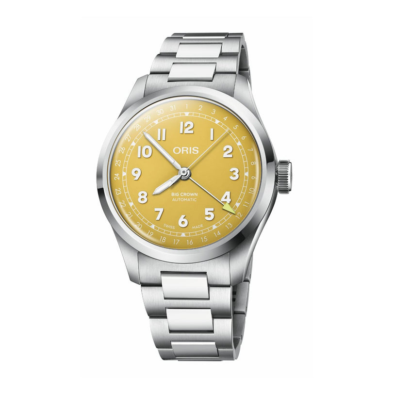 The Oris Big Crown Pointer Date has a stainless steel case, sunshine yellow dial with white Arabic numerals and date track, silver bracelet, Swiss Made automatic movement, and displays the time at 10:10.