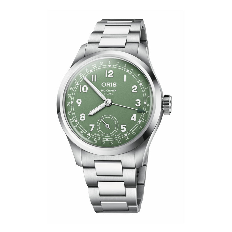 The Oris Big Crown Pointer Date Calibre 403 is a stainless steel wristwatch with a green dial, white numerals, and date indicator, showcasing Swiss craftsmanship and the signature Calibre 403 movement.