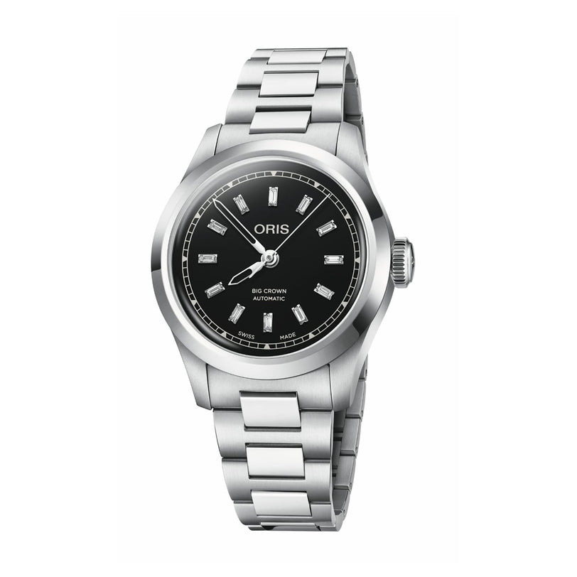 The Oris Big Crown Diamonds wristwatch, featuring a stainless steel case, a black dial, silver hour markers, and a metal link bracelet, is displayed against a white background.