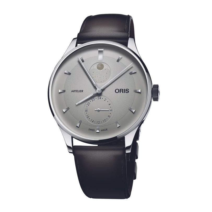 Silver-dial watch with moon phase indicator, subsidiary dial, and black leather strap.