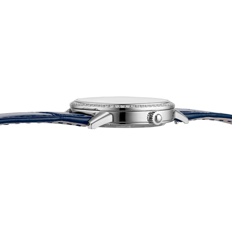 Side view of the Jaeger-LeCoultre Rendez-Vous Night & Day women's watch, featuring a blue leather strap, slim round case, and a sparkling stone-set bezel for an elegant finish.