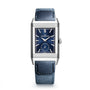 The Jaeger-LeCoultre Reverso Tribute Duoface Small Seconds is a rectangular stainless steel watch with an Art Deco-inspired blue dial, silver markers, a small seconds subdial, and a blue leather strap.