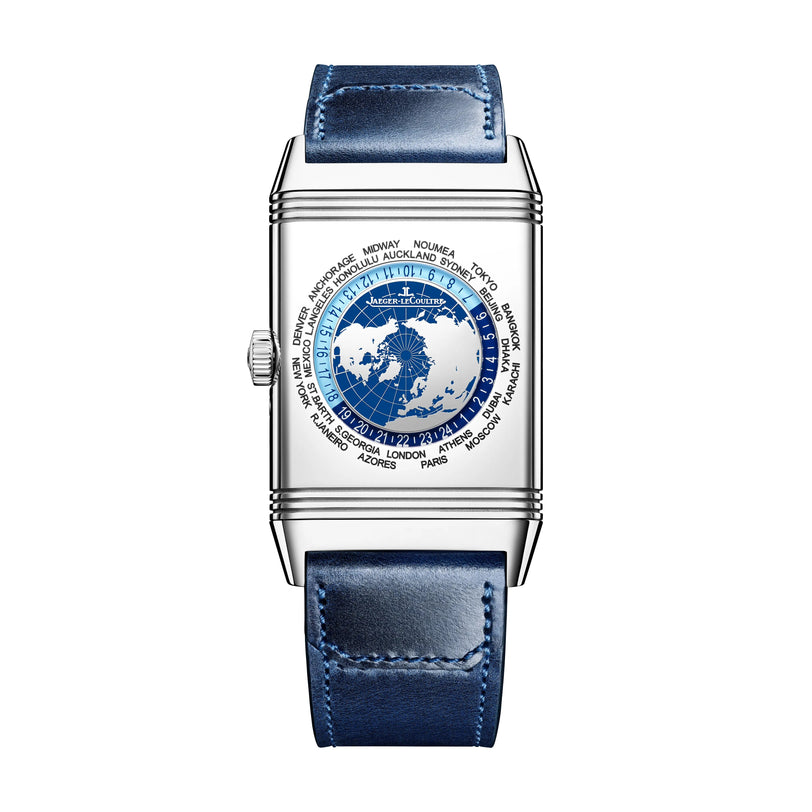The Jaeger-LeCoultre Reverso Tribute Geographic is an Art Deco-inspired watch with a blue leather strap, world time complication, city names on the dial, and a silver rectangular case.