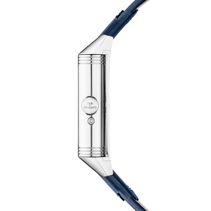 Side view of the Jaeger-LeCoultre Reverso Tribute Geographic watch, showcasing a silver case, blue leather strap, side crown, engraved logo, and subtle Art Deco design details.
