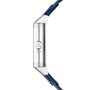 Side view of the Jaeger-LeCoultre Reverso Tribute Geographic watch, showcasing a silver case, blue leather strap, side crown, engraved logo, and subtle Art Deco design details.