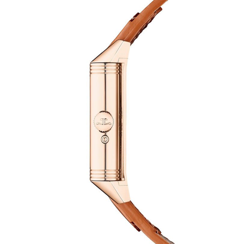 Side view of a Jaeger-LeCoultre Reverso Tribute Geographic in pink gold, featuring a brown leather strap, visible crown, and engraved logo on the case.