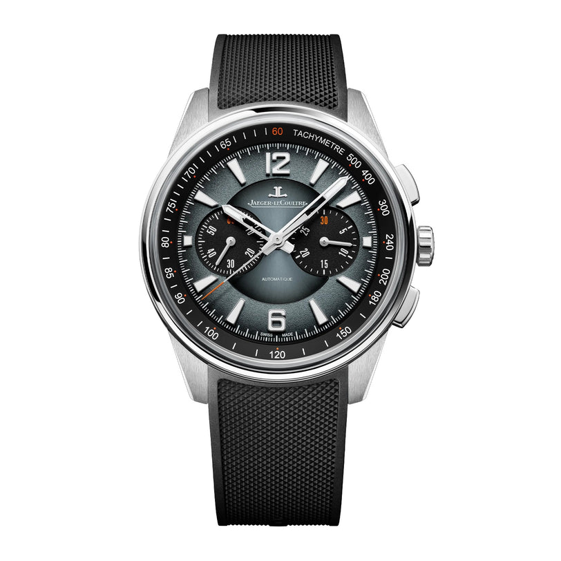 The Jaeger-LeCoultre Polaris Chronograph is a silver and black wristwatch featuring a black strap and three subdials on the face.