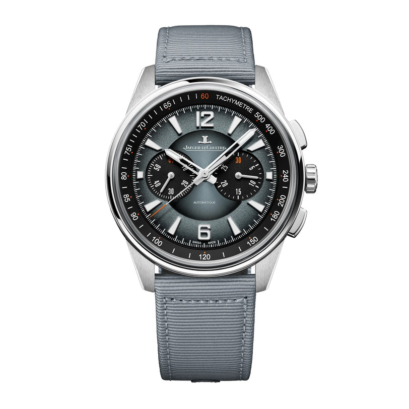 The Jaeger-LeCoultre Polaris Chronograph is a silver and gray luxury wristwatch featuring a gray strap and three subdials on the face.