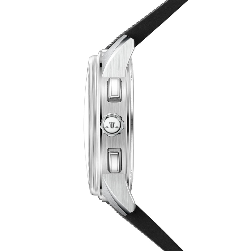 Side view of the Jaeger-LeCoultre Polaris Chronograph, featuring a silver case, black strap, and two buttons beside the crown.