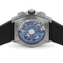 Close-up of the back of a Zenith Defy El Primero 21 wristwatch, showcasing its exposed mechanical movement and blue star-shaped rotor within a titanium case and transparent case back.