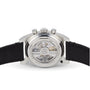Back view of the Zenith Chronomaster Revival El Primero A384, highlighting its exposed movement, black leather strap, and engraved details on the stainless steel case.
