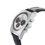 The Zenith Chronomaster Revival El Primero A384 is a stainless steel chronograph wristwatch with a white dial, three black subdials, two right-side pushers, and a black leather strap.