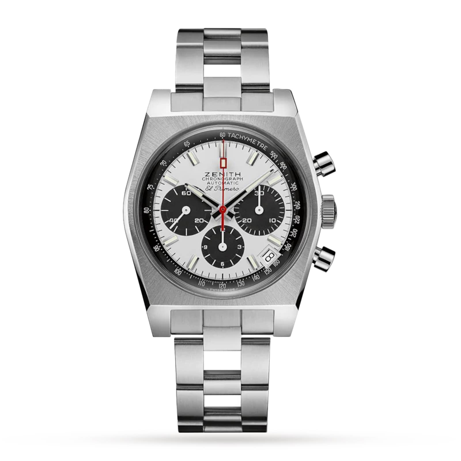 The Zenith Chronomaster Revival El Primero A384 is a stainless steel watch with a panda dial, black subdials, date at 4:30, tachymeter scale, metal bracelet, three right-side pushers, and runs on the El Primero calibre.