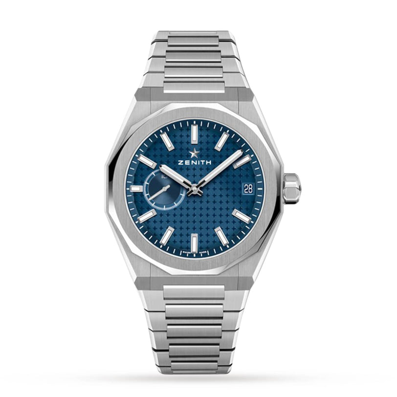 The Zenith Defy Skyline is a stainless steel wristwatch featuring an octagonal case, blue textured dial, silver hour markers, date display, metal link bracelet, and is powered by the El Primero 3620 movement.