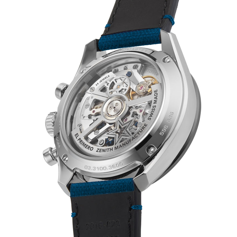 Close-up of the back of a Zenith Chronomaster Sport watch, showcasing its exposed movement through a transparent caseback engraved with text.