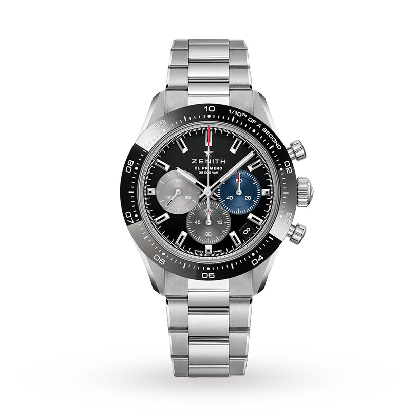 The Zenith Chronomaster Sport is a stainless steel chronograph wristwatch featuring a black bezel, silver band, and three subdials on the face.