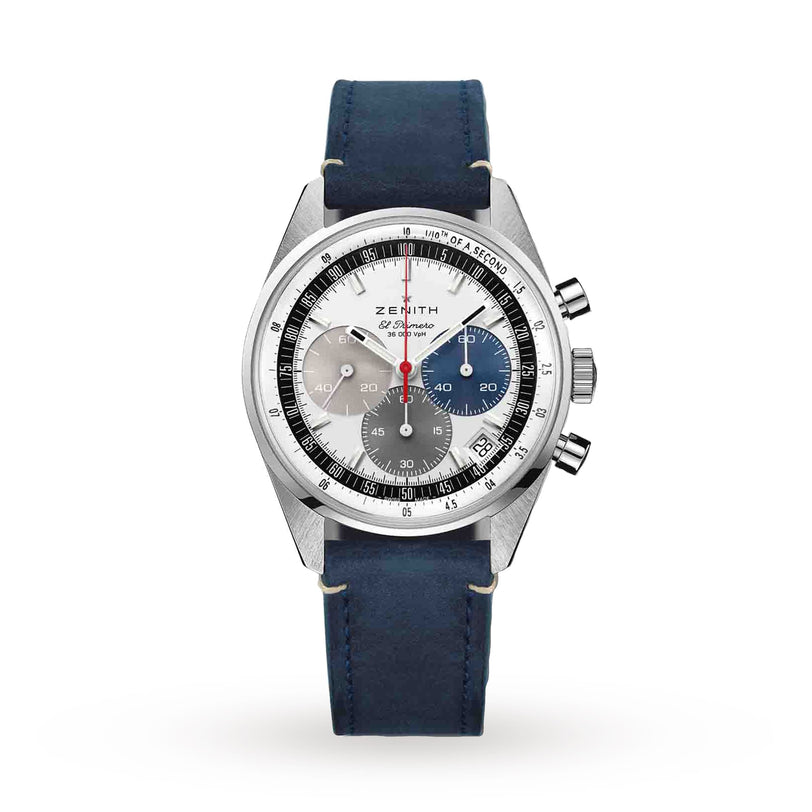 The Zenith Chronomaster EP Original features a stainless steel case, tricolour dial, red second hand, blue leather strap, and El Primero 3600 movement. Shown on a white background.