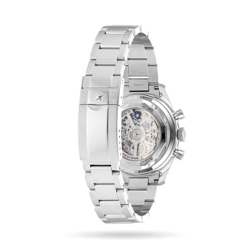 The Zenith Chronomaster EP Original is a silver metal wristwatch displayed from the back, revealing its intricate exposed watch mechanism.