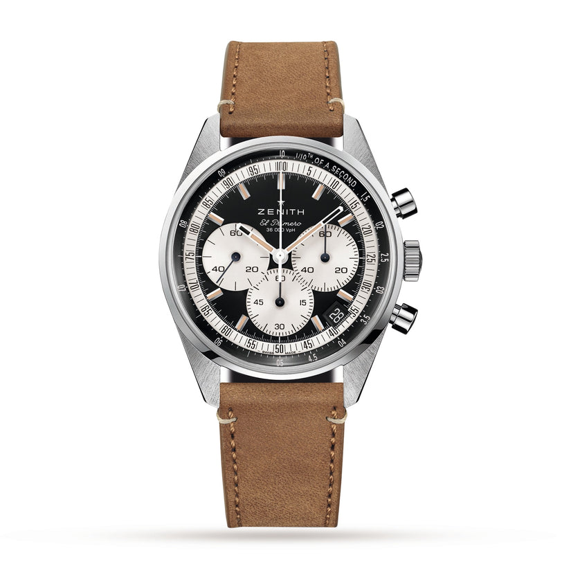 A Zenith Chronomaster Original stainless steel chronograph wristwatch features a reverse panda dial, three subdials, and a brown leather strap, displayed on a white background.