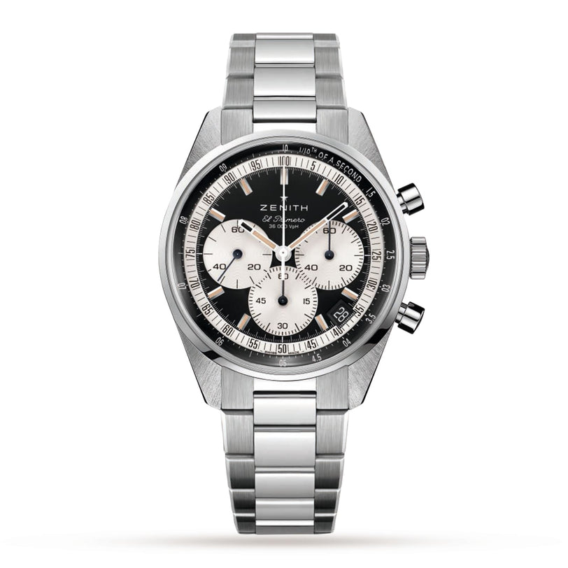 A Zenith Chronomaster EP Original stainless steel chronograph wristwatch featuring a black and white dial, three subdials, and a metal bracelet.