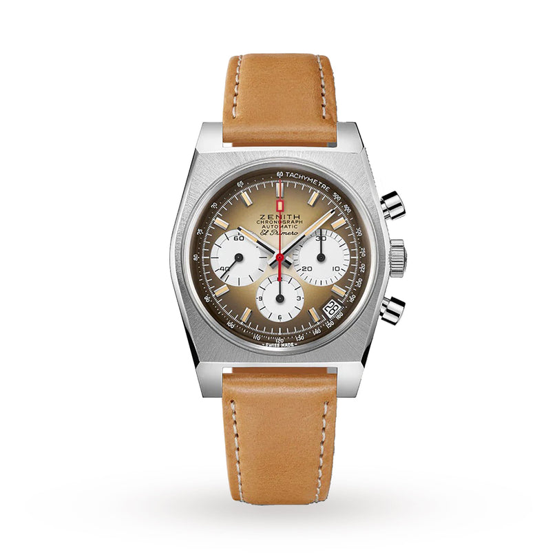 The Zenith Chronomaster Revival El Primero A384 features a stainless steel case, tan leather strap, brown dial with three white subdials, date display, and tachymeter scale for precise high-frequency chronograph timekeeping.