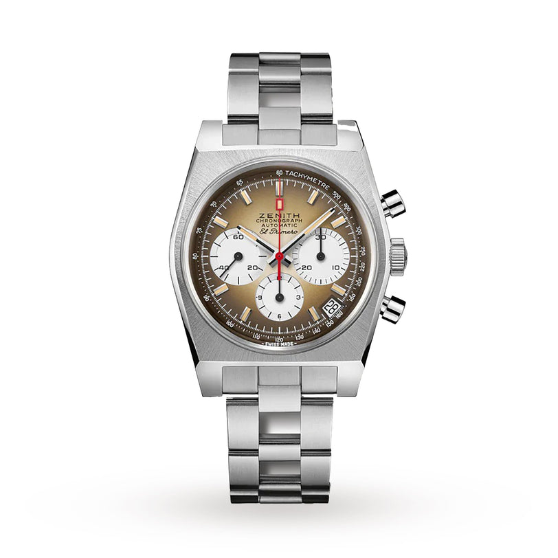 The Zenith Chronomaster Revival El Primero A384 is a stainless steel wristwatch with a tonneau-shaped case, silver and brown gradient dial, two white subdials, date window at 4:30, and a metal link bracelet, shown on a white background.