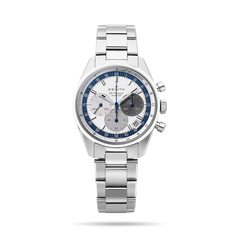 The Zenith Limited Edition WOSG Exclusive Chronomaster EP Original features a stainless steel case, metal bracelet, blue bezel, white dial with three subdials, Zenith logo, and is powered by the El Primero 3600 automatic chronograph movement.