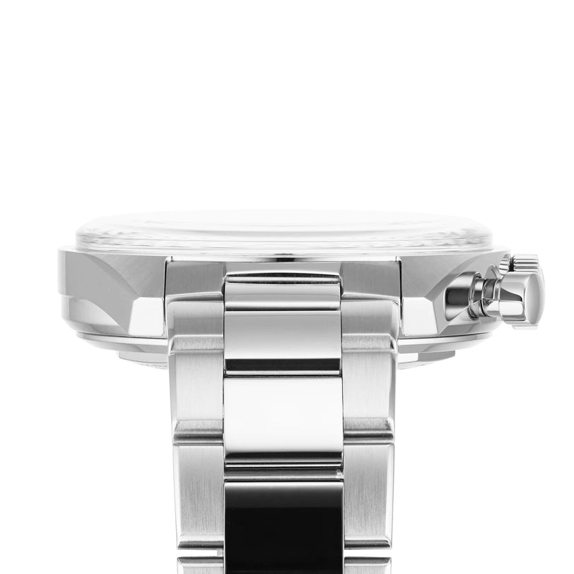 Close-up side view of the Zenith Limited Edition WOSG Exclusive Chronomaster EP Original, featuring a silver metal bracelet, case, and crown against a white background. This automatic chronograph pairs precision with timeless design.