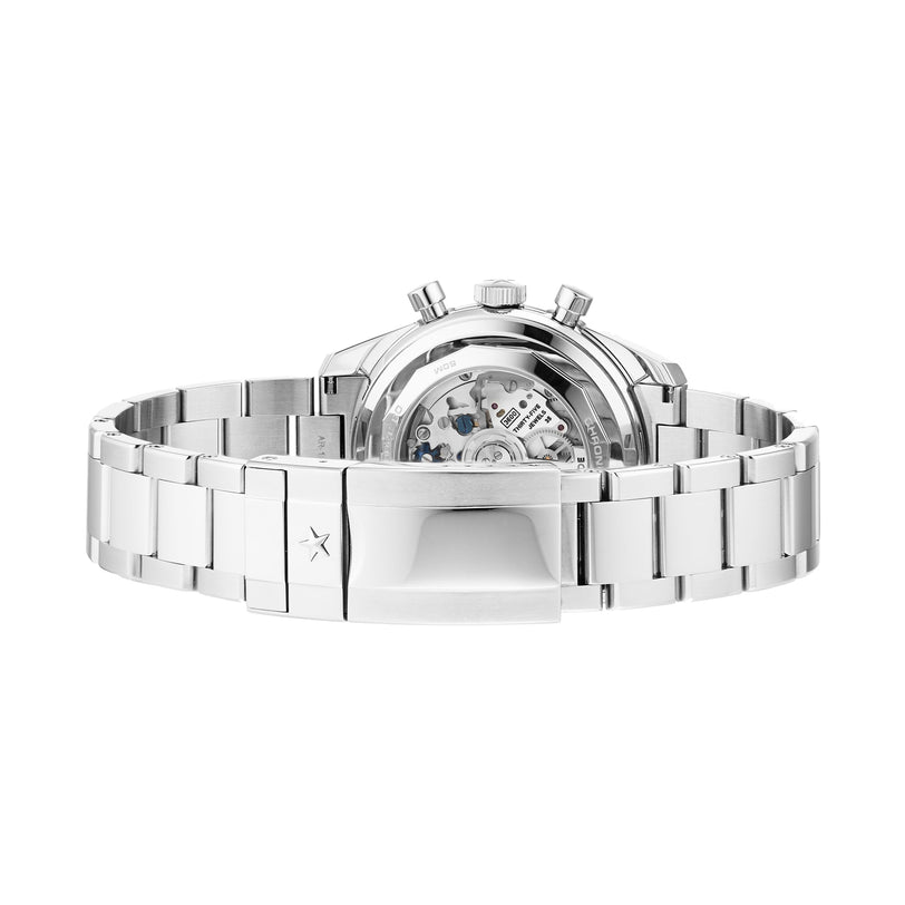 A Limited Edition WOSG Exclusive Chronomaster EP Original by Zenith is shown from the back, highlighting its silver metal link band, transparent case back, and inner El Primero 3600 automatic chronograph movement.