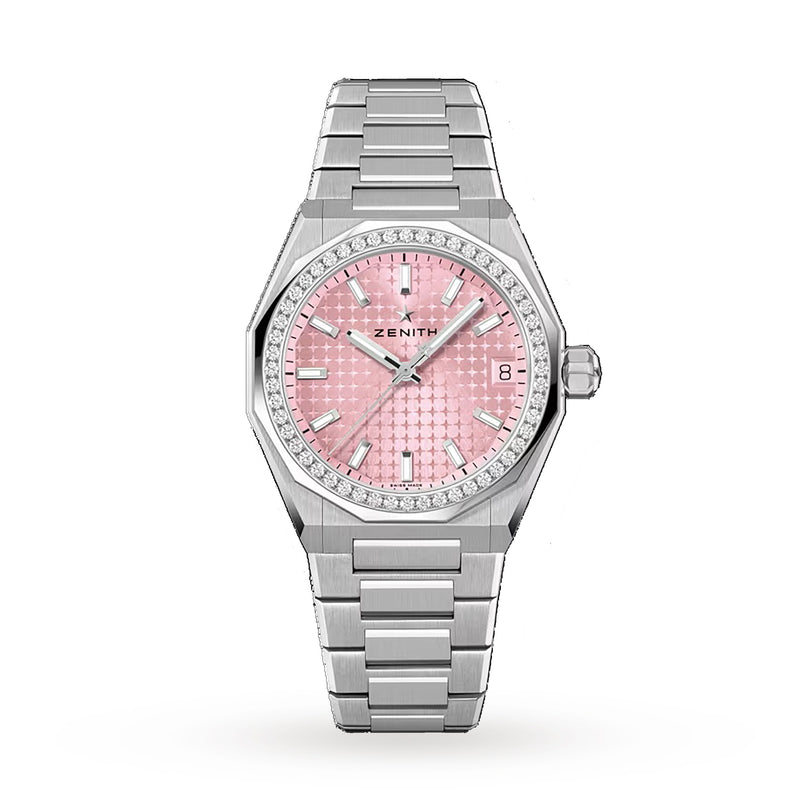The Zenith Defy Skyline 36 is a silver wristwatch with a pink textured dial, diamond-set bezel, baton hour markers, Elite 670 movement, date at 3 o’clock, and a metal link bracelet, displayed on a white background.