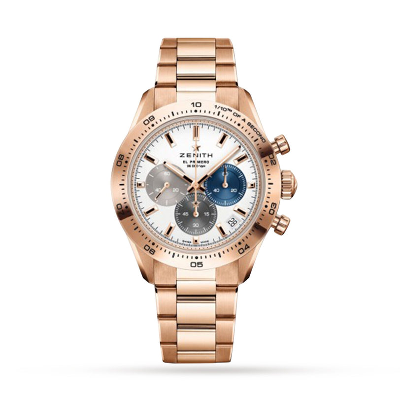 The Zenith Chronomaster Sport is a luxurious 18K rose gold chronograph wristwatch with a white dial, blue and gray subdials, tachymeter bezel, matching rose gold bracelet, and El Primero movement.