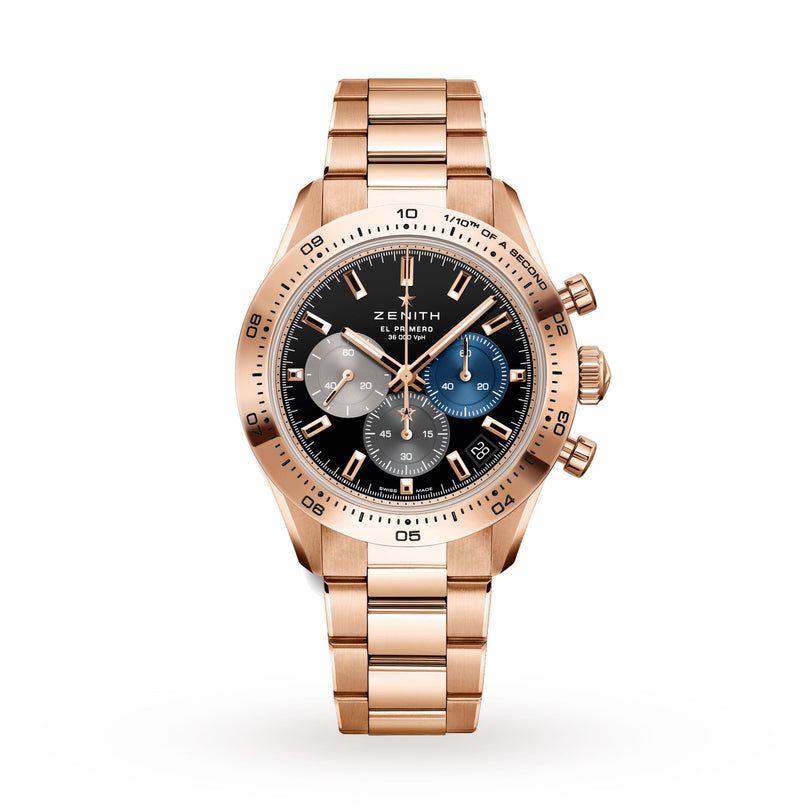 The Zenith Chronomaster Sport gold wristwatch features a black and blue chronograph dial and a metal link bracelet, displayed on a white background.
