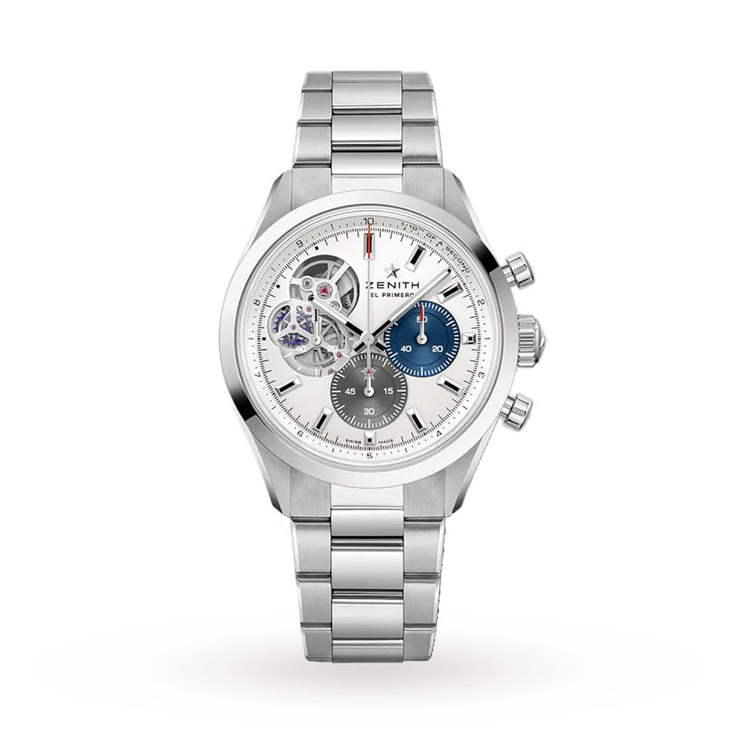 The Zenith Chronomaster Open is a stainless steel wristwatch with a silver bracelet, open gears on the left, blue and gray subdials, two side pushers, and an El Primero high-frequency chronograph movement for precise timekeeping.