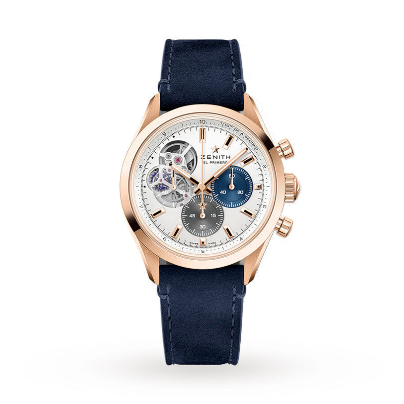 The Zenith Chronomaster Open features an 18K rose gold case, white dial with blue and gray subdials, open-heart design, and a navy blue leather strap, shown on a plain white background.