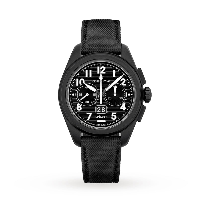 Zenith Pilot Big Date Flyback chronograph watch featuring a black fabric strap and white numerals on the dial.