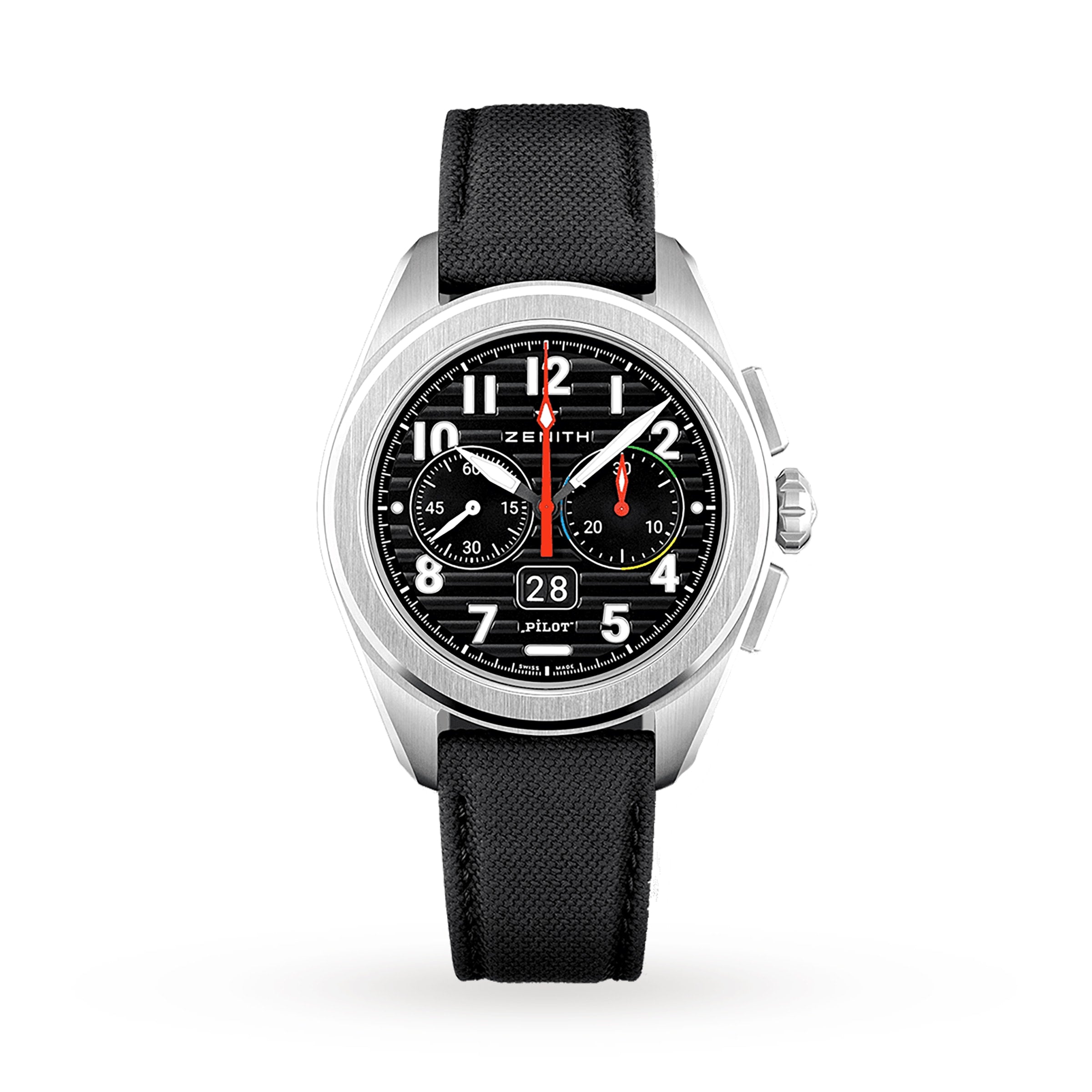 The Zenith Pilot Big Date Flyback is a silver pilot watch with a black ceramic case, black dial, white numerals, multicolored accents, two subdials, date window, and a black textured strap, shown on a white background.