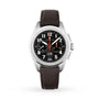 The Zenith Pilot Big Date Flyback is a pilot watch with a black dial, white numerals, two subdials, date display, set in a sleek black ceramic case and paired with a brown leather strap.