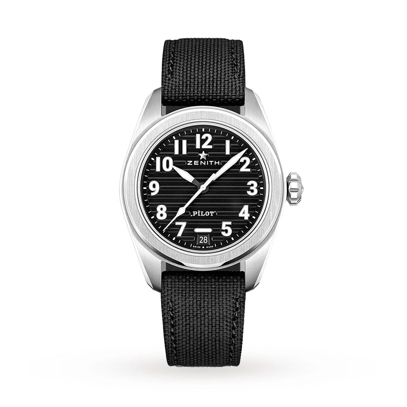 A Zenith Pilot Automatic wristwatch with a black textured dial, white numerals, silver hands, and a black fabric strap is shown on a white background.