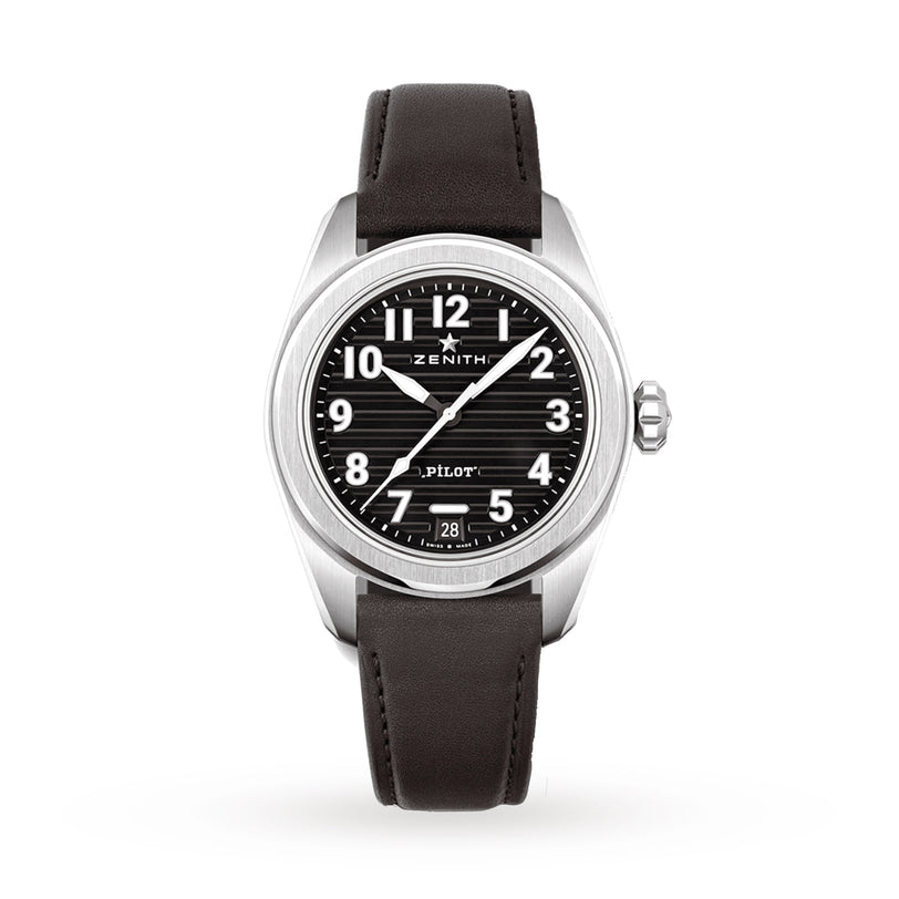 A Zenith Pilot Automatic watch with black leather strap, black dial, white Arabic numerals, and El Primero 3620 movement. Features a date display at 6 oclock. Displayed against a plain white background.