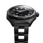 The Zenith Defy Revival Shadow wristwatch features a black design with a titanium case, round face, silver hour markers, and a metal link bracelet, displayed against a white background.