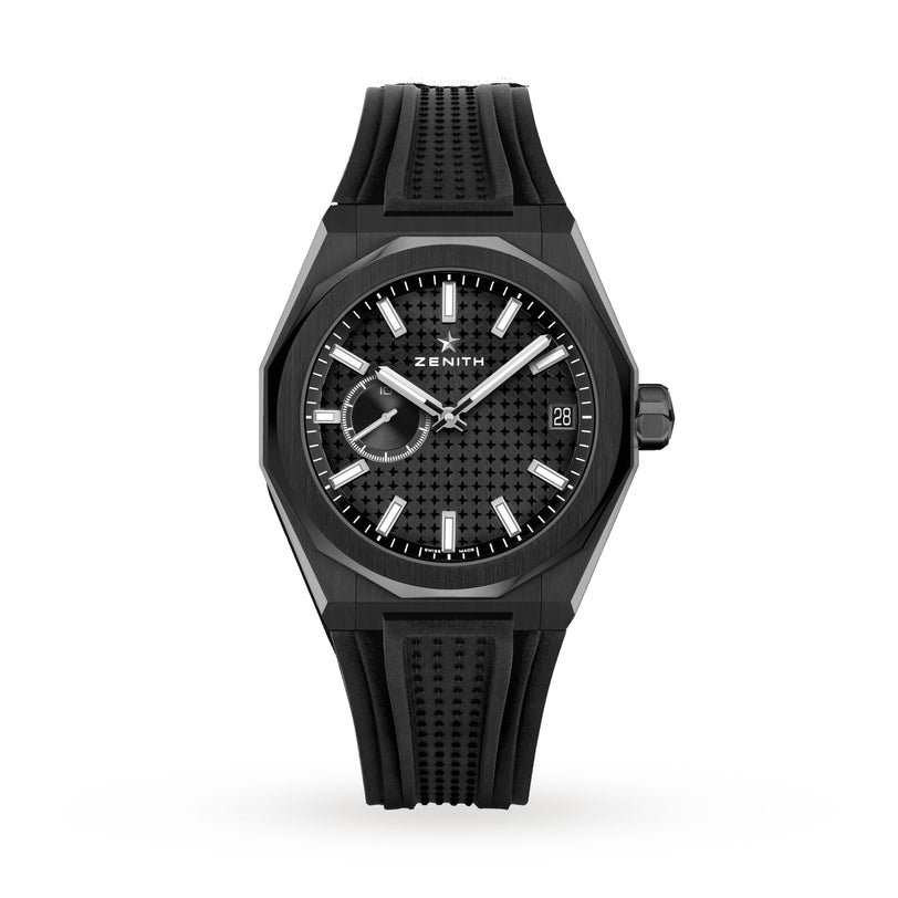 The Zenith Defy Skyline wristwatch features a black textured dial, date display, and a black rubber strap, shown on a white background.