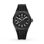 The Zenith Defy Skyline wristwatch features a black textured dial, date display, and a black rubber strap, shown on a white background.
