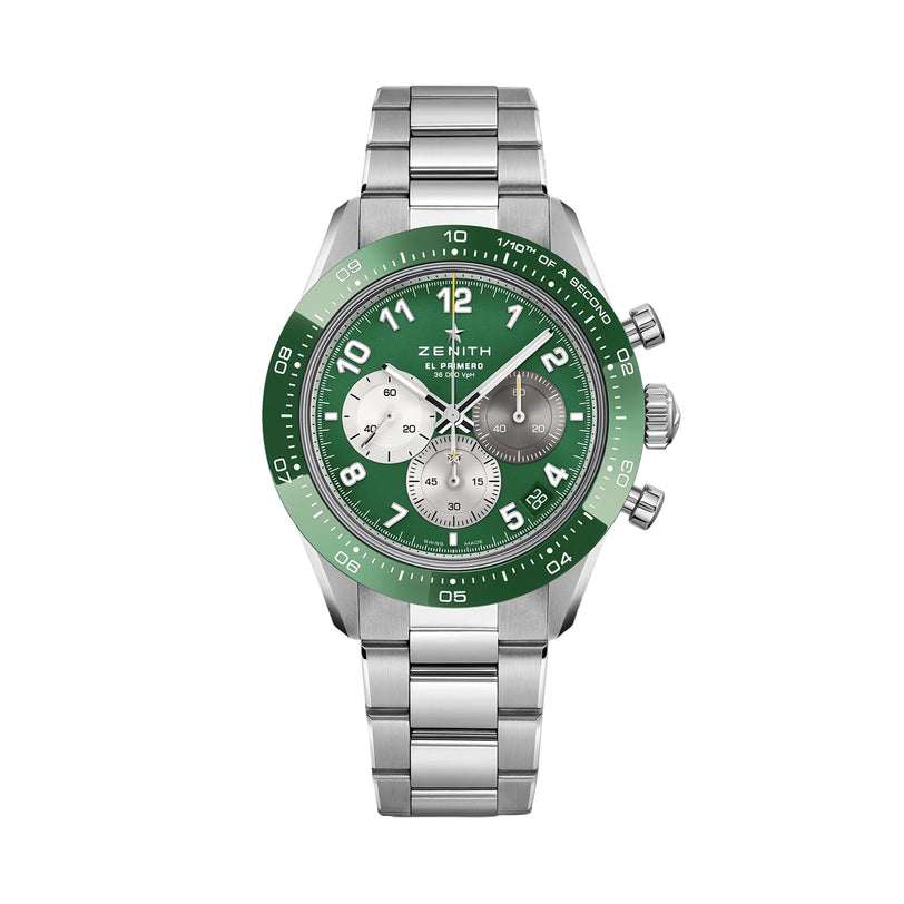 The Zenith Limited Edition Chronomaster Sport features a stainless steel case, green bezel and dial, three subdials, and a metal link bracelet, showcasing the iconic Zenith brand.