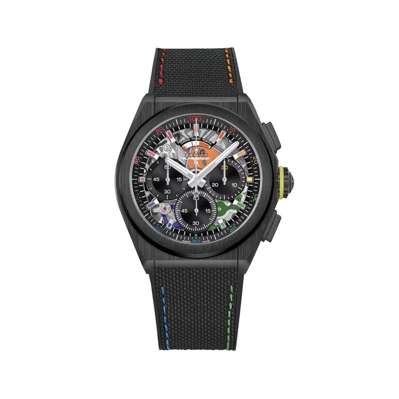 The Zenith Limited Edition Defy 21 Chroma II features a black chronograph dial, colorful accents, and a multicolored-stitched fabric strap, inspired by the original high-frequency chronograph design.