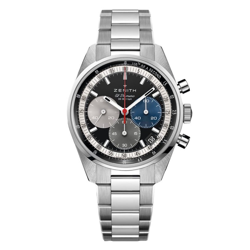 The Zenith Chronomaster Original is a stainless steel wristwatch with a silver bracelet, black and white chronograph dial, high-frequency El Primero 3600 movement, three sub-dials, and two push buttons on the right side.