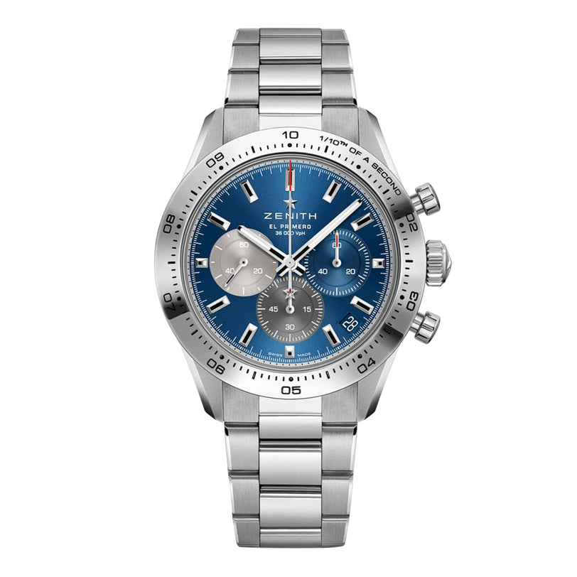 The Zenith Chronomaster Sport is a silver stainless steel watch with a blue dial, three subdials, date display, chronograph pushers, and is powered by the high-frequency El Primero 3600 movement.
