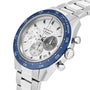 The Zenith Chronomaster Sport Centenary Exclusive features a stainless steel case, blue bezel, silver bracelet, three subdials, and silver hour markers—available at Watches of Switzerland.