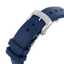 Close-up of a blue rubber strap with stainless steel buckle and star engraving, as featured on the Zenith Chronomaster Sport Centenary Exclusive, available at Watches of Switzerland.