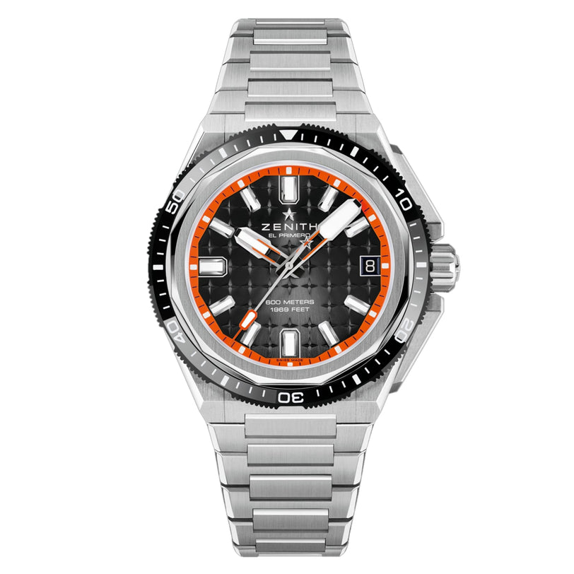 A Zenith Defy Extreme Diver watch with titanium band, black dial, orange and white accents, and date display at 3 o’clock.