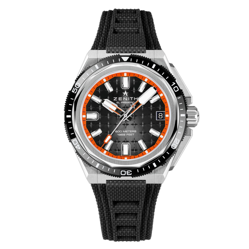 The Zenith Defy Extreme Diver features a titanium black and orange bezel, black textured strap, a black patterned dial with a date window at 3 o’clock, and is powered by an automatic movement.